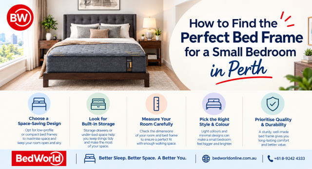 How to Find the Perfect Bed Frame for a Small Bedr A stylish small bedroom featuring a space-saving bed frame with a minimalist design, neutral colours, and practical under-bed storage. The room looks spacious, organised, and comfortable, with compact bedside furniture and natural lighting. Ideal for a b