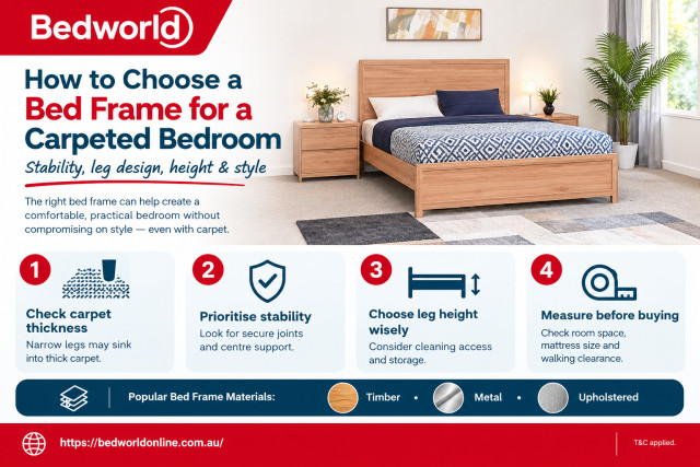 How to Choose a Bed Frame for a Carpeted Bedroom Choosing the right bed frame for a carpeted bedroom can improve stability, comfort, and bedroom style. Consider sturdy materials, wide support legs, proper weight distribution, and a frame that works well on thick or soft carpets. The right bed frame hel